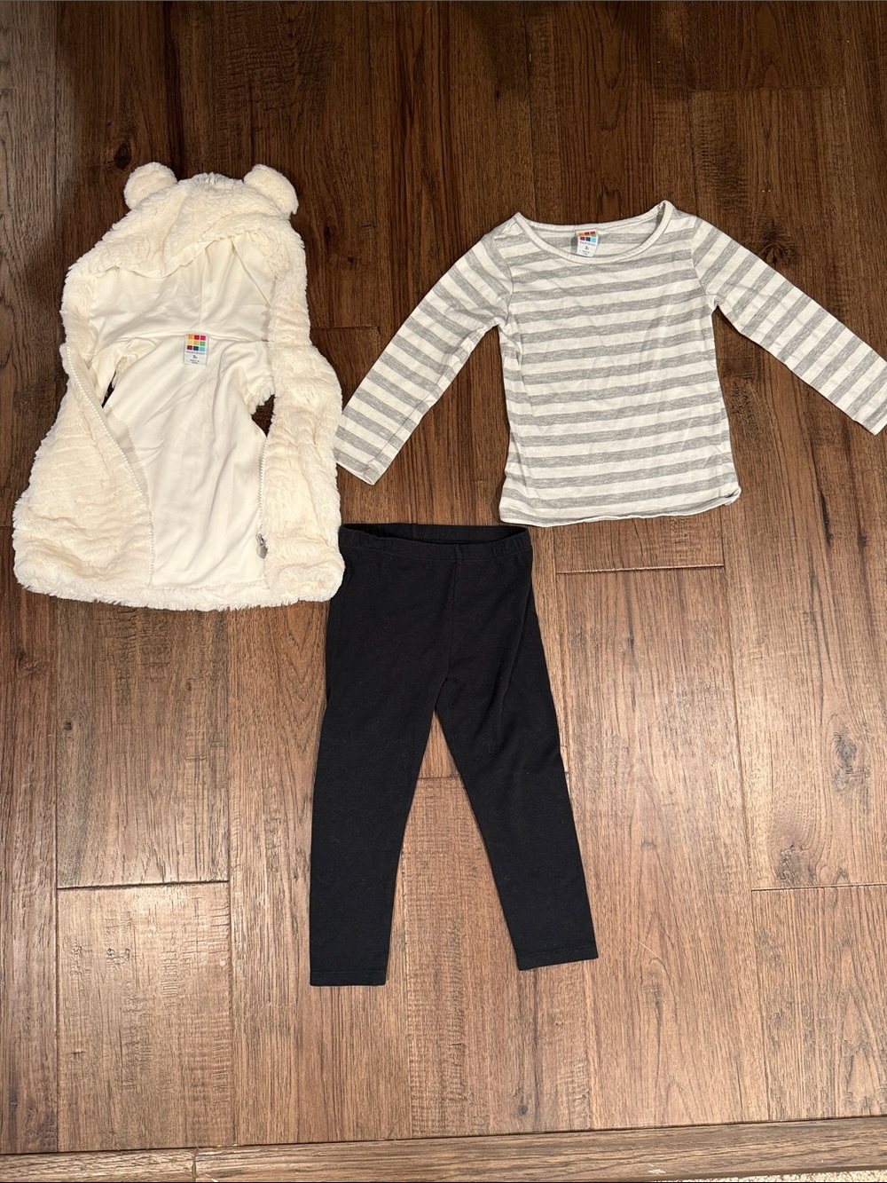 Healthtex Cream Faux-Fur Bear Vest with Gray Stripe Top and Black Leggings